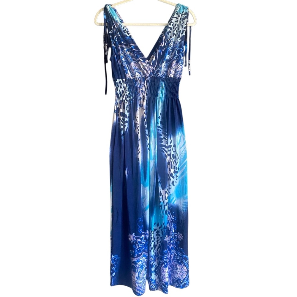 Seven Islands Blue Print V-Neck Maxi Dress. Size Small